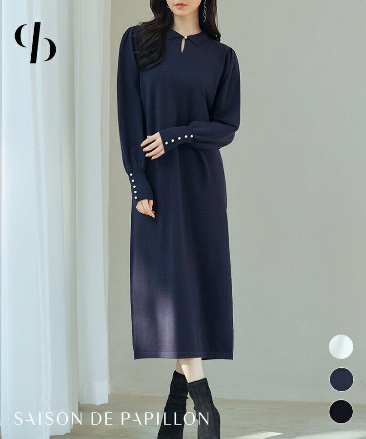 [Sold out] Limited time only → 3,990 yen dress, knit dress, women's, long sleeves, knit, I-line, mid-length, back slit, loose, shirt collar, tear-opening, neat, simple, casual, office