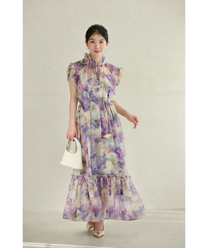 [Restocked ♪ 12:00 on 8/25] (S-L compatible) Romantic chiffon dress with flower decoration neck (with string belt and inner)