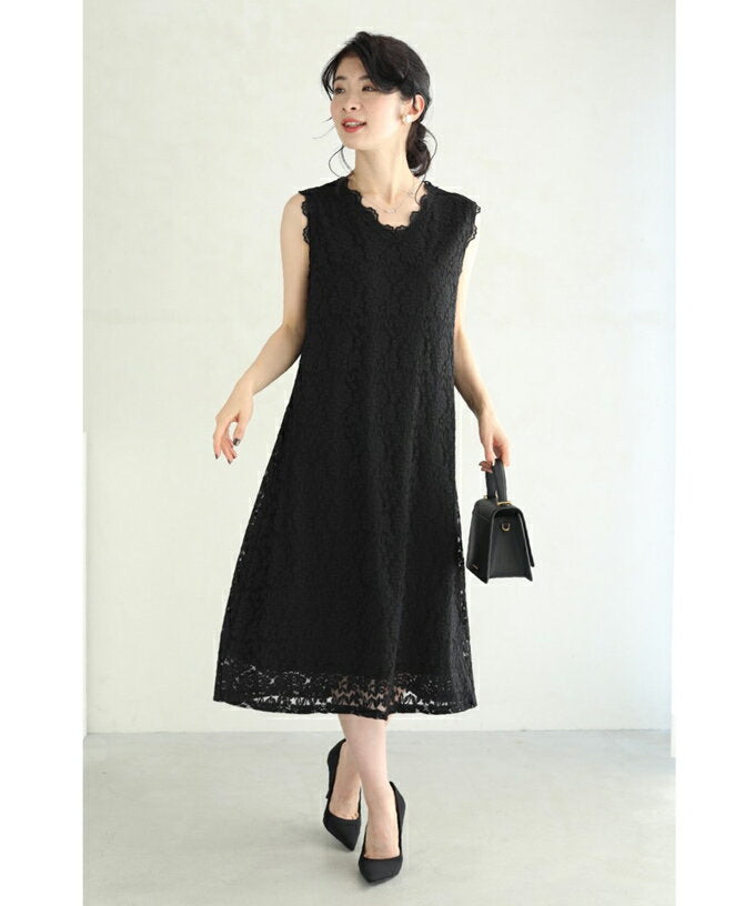 (S~2L compatible) (Black) A dress with elegant black lace and a sheer cardigan set of 2 pieces