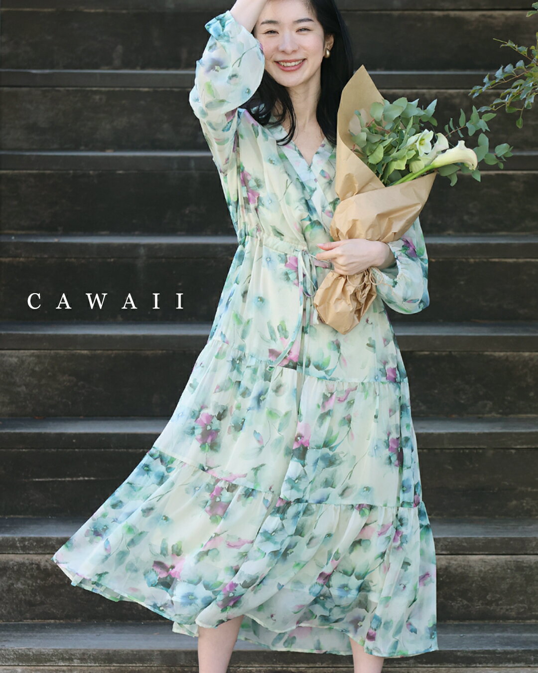 (Compatible with M~L/2L~3L) Romantic flower tiered dress that dances in the spring breeze / Dress Sheer Long sleeves Point sleeves Beautiful elegant Nice Spring Invitation All-over pattern Floral pattern M L 2L 3L Women's outing