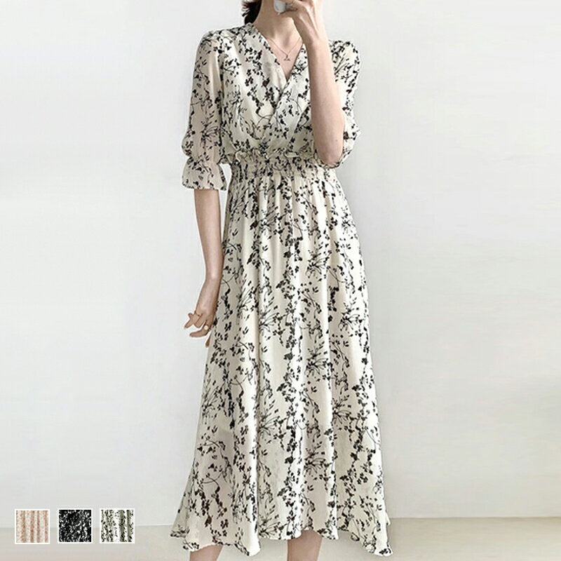 [50% off for shopping marathons only! 2-piece purchase coupon] Dress, long, long length, body shape cover, loose, floral pattern, V-neck, puff sleeve, elastic waist, elastic, long sleeves, upper arm cover, neat resort